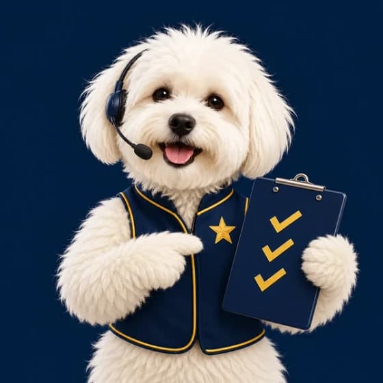 Whitewater’s friendly dog mascot checking a clipboard